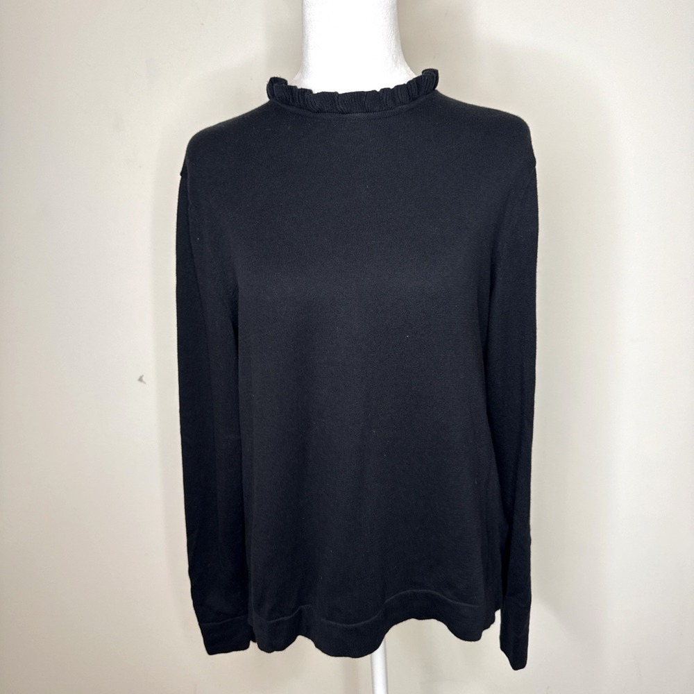 J.Crew Ruffle Neck Sweater Black 100% Cotton Preppy Twee Lightweight Women's L